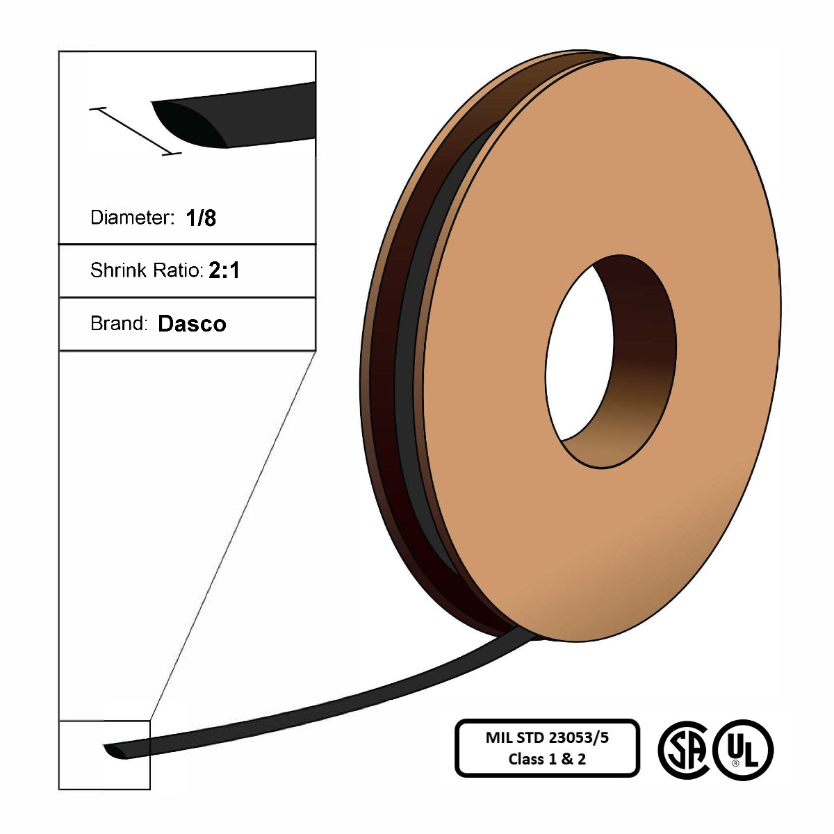 Dasco Polyolefin 2:1 MIL23053/5 Flattened Heat Shrink - Black - 1/8