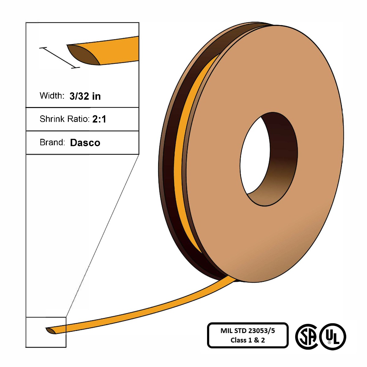 Dasco Polyolefin 2:1 MIL23053/5 Flattened Heat Shrink - Orange - 3/32