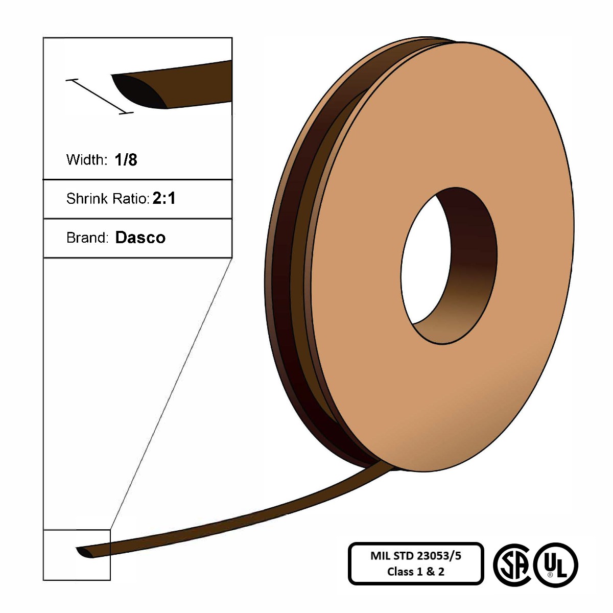 Dasco Polyolefin 2:1 MIL23053/5 Flattened Heat Shrink - Brown - 1/8