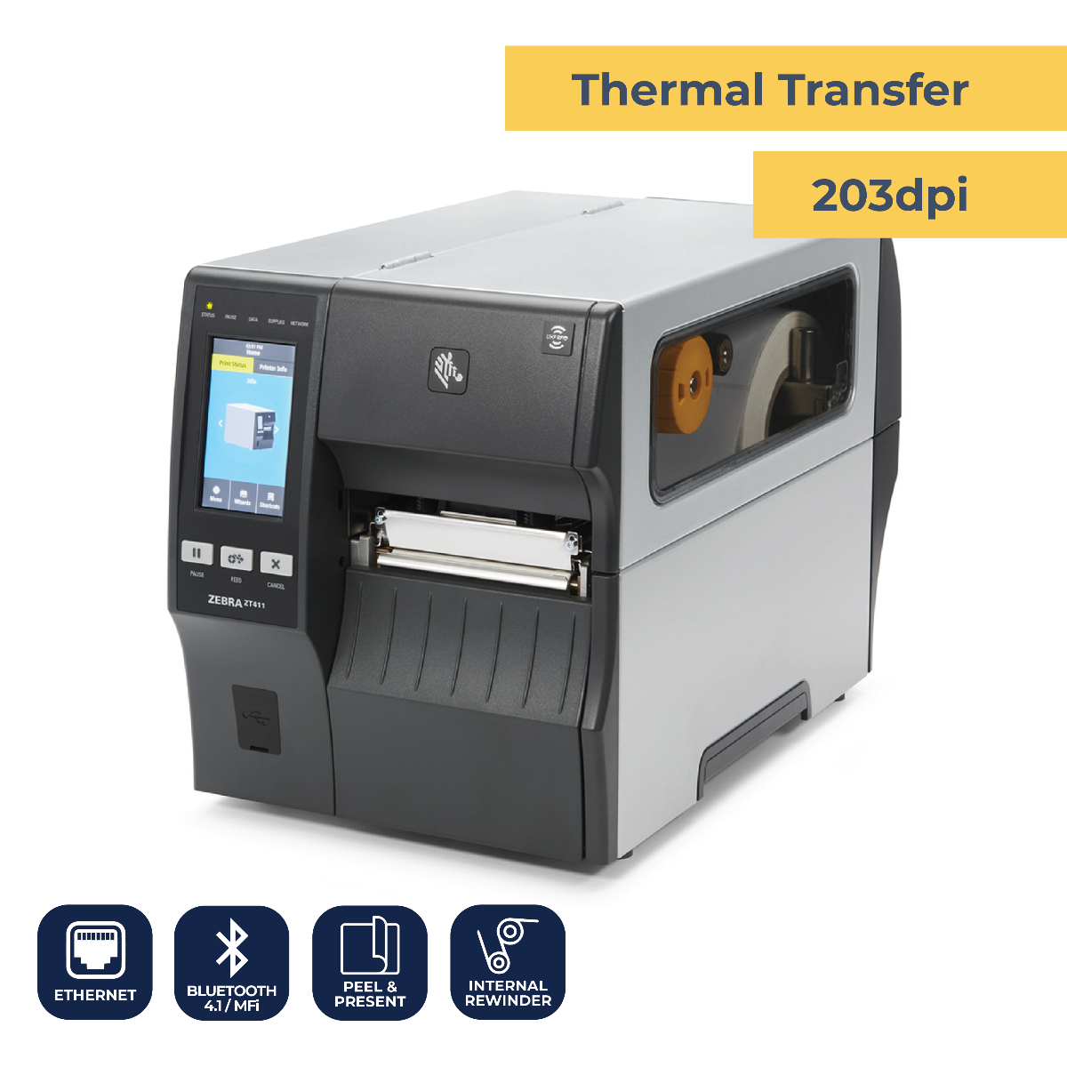 ZT411 Industrial Printer -  TT - 203 dpi -  Peel Present - Internal Rewinder