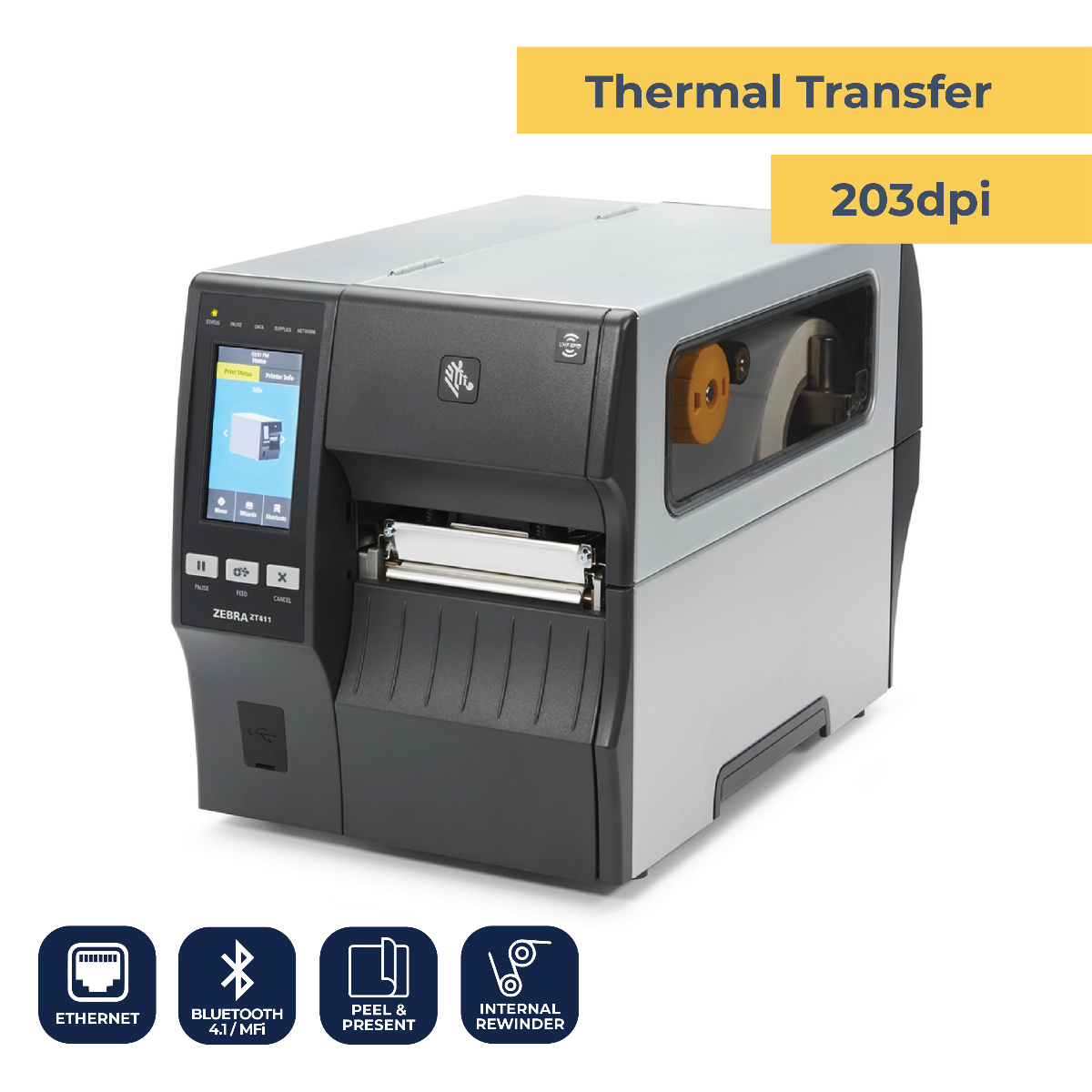 ZT411 Industrial Printer -  TT - 203 dpi -  Peel Present - Full Internal Rewinder